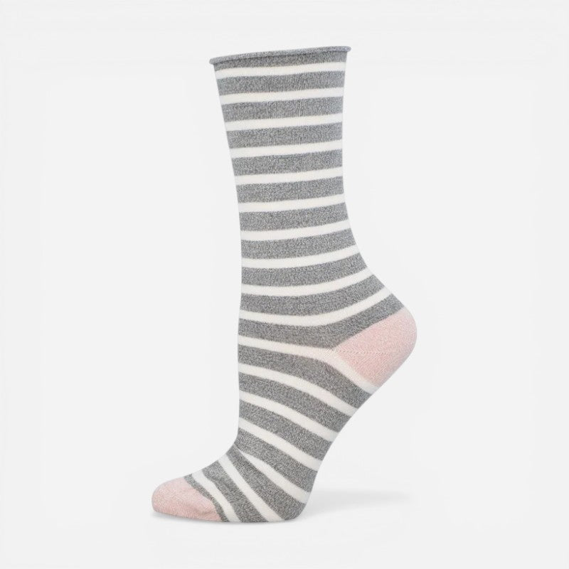 Bamboo Stripe Roll Top Crew Light Gray Heather